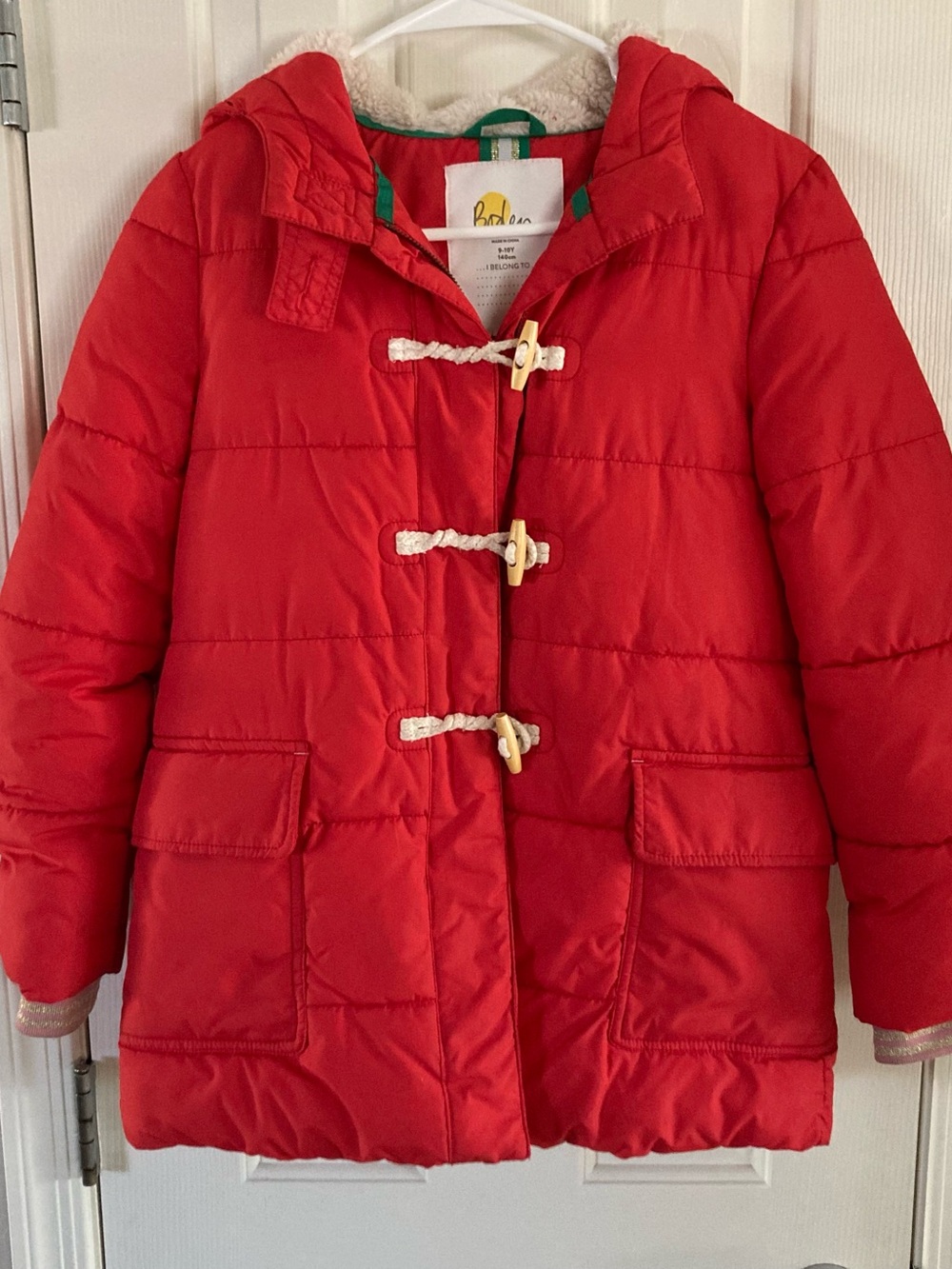 Mini Boden Girls Red Hooded Toggle Puffer Jacket Coat Size 9-10Y